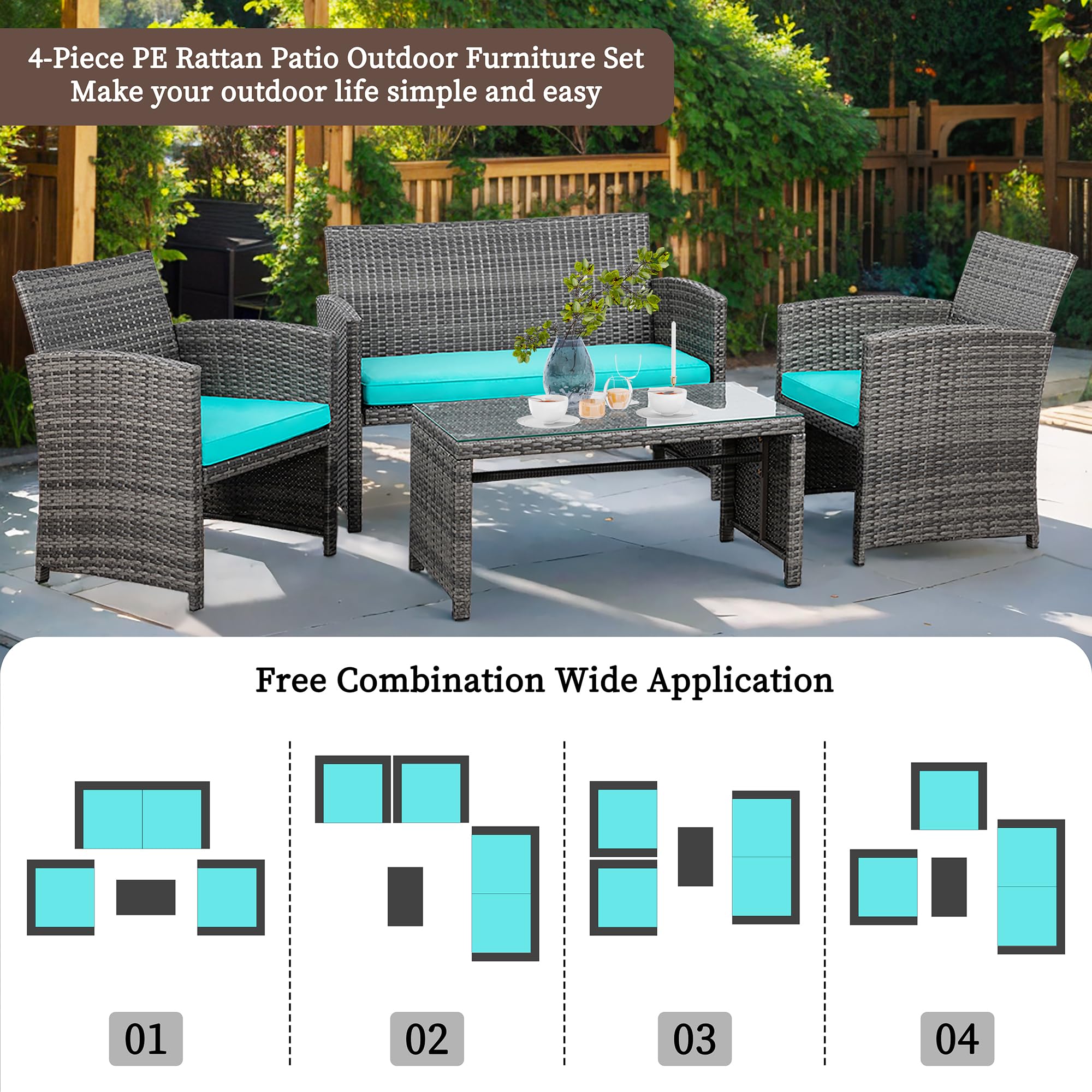 Shintenchi 4-Piece Outdoor Gray Wicker Patio Conversation Furniture Set, Rattan Patio Furniture Set with Weather Resistant Cushions and Tempered Glass Tabletop,Blue