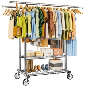 hyseyy clothes rack clothing rack 620 lbs,heavy duty clothes rack with wheels,rolling clothing racks for hanging clothes,portable& adjustable clothes wardrobe organizer,sliver