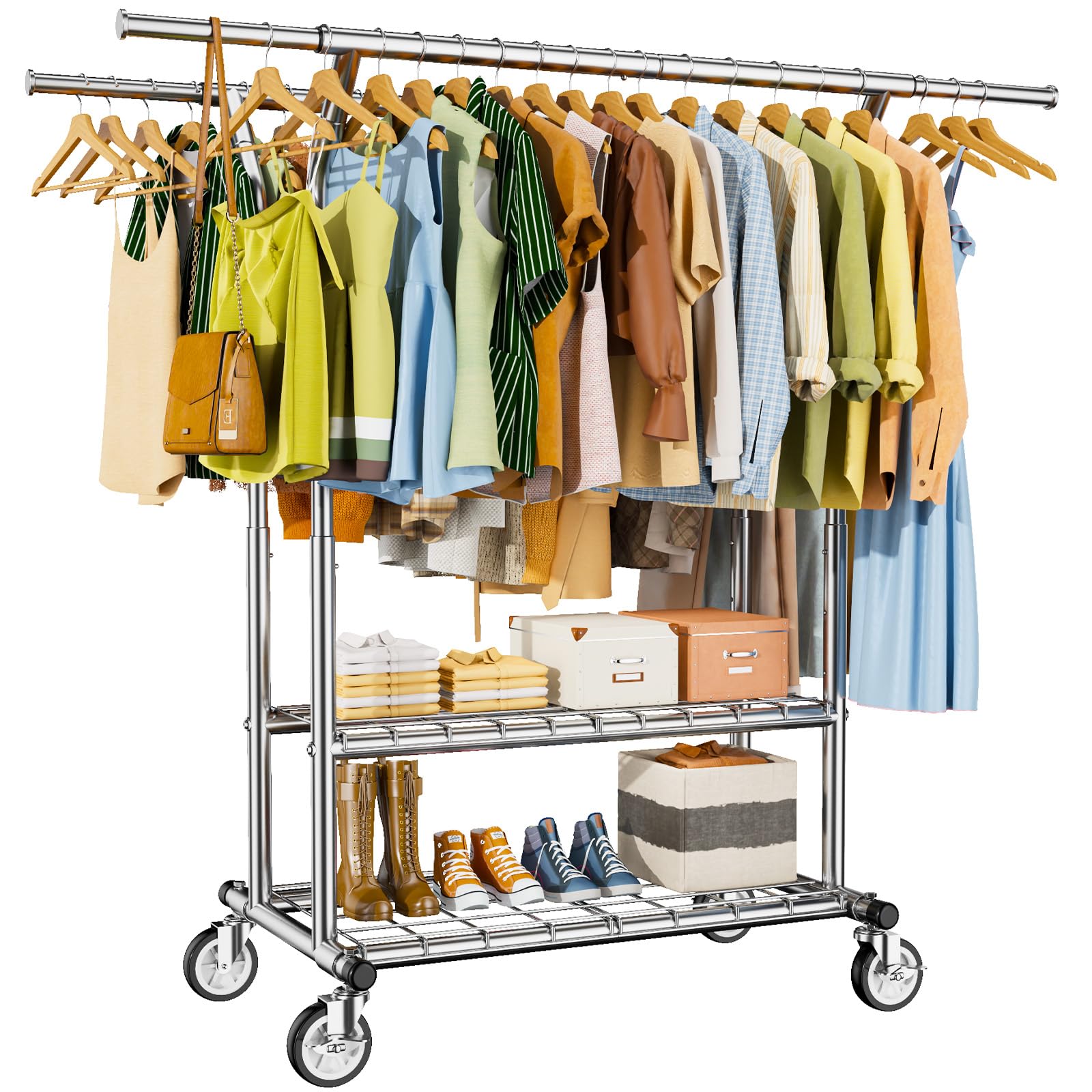 HYSEYY Clothes Rack Clothing Rack 620 LBS,Heavy Duty Clothes Rack with Wheels,Rolling Clothing Racks for Hanging Clothes,Portable& Adjustable Clothes Wardrobe Organizer,Sliver