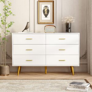 White Dresser for Bedroom, 6 Drawer Wood Dresser with Golden Handles, Modern Dressers & Chests of Storage Drawer for Entryway Hallway