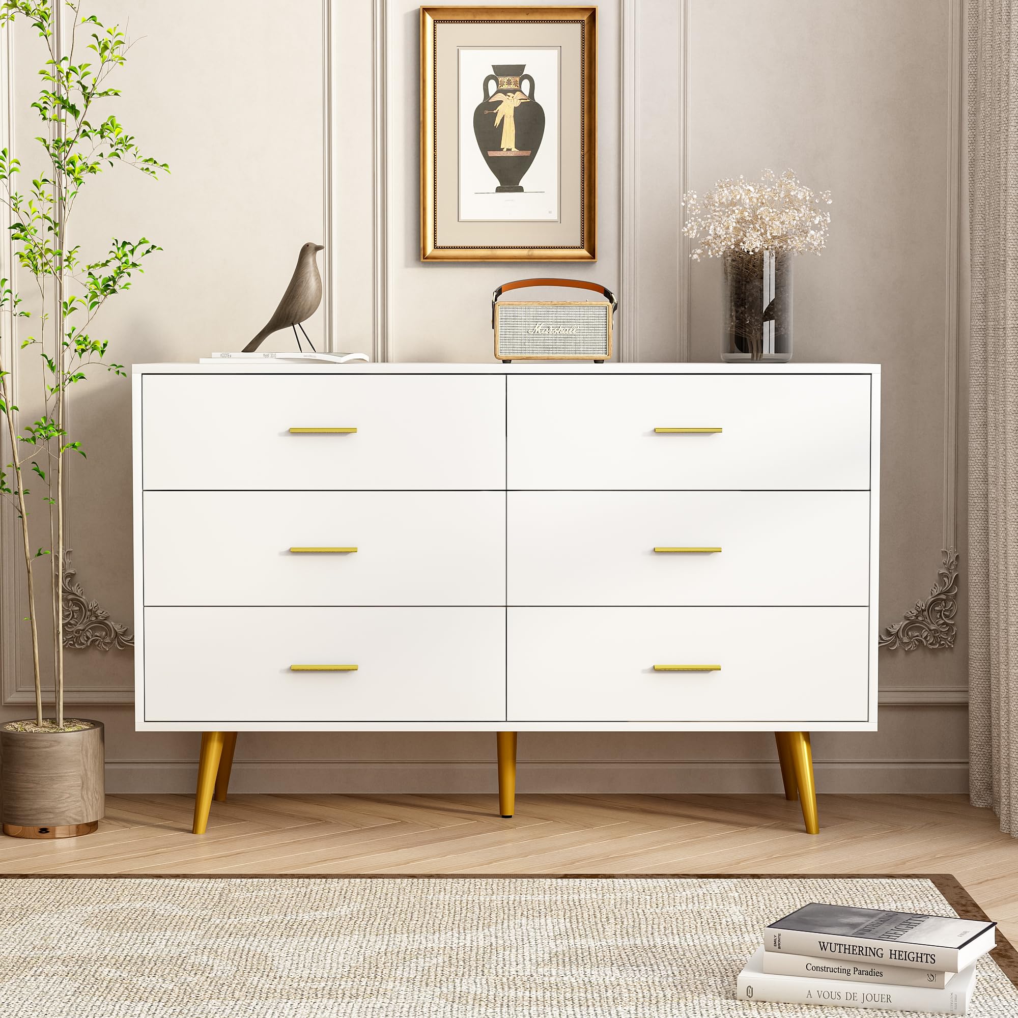 White Dresser for Bedroom, 6 Drawer Wood Dresser with Golden Handles, Modern Dressers & Chests of Storage Drawer for Entryway Hallway