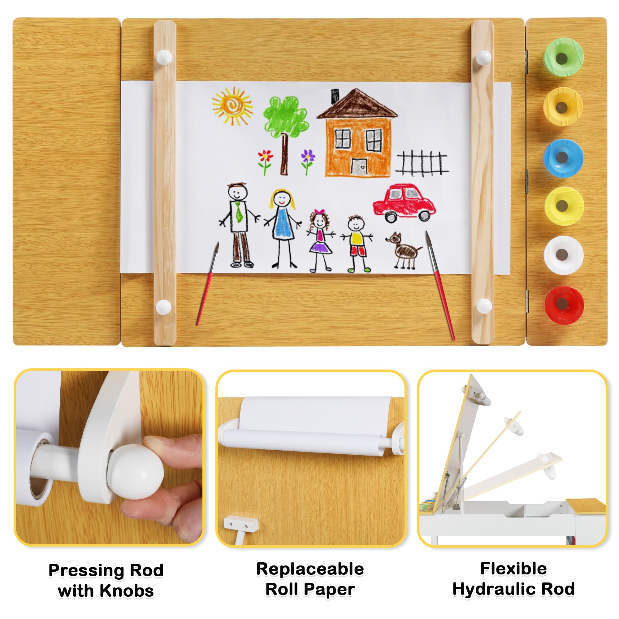 TODEFULL Kids Art Table and Chairs Set, 2 in 1 Kids Art Table, Wooden Activity Table with 2 Chairs, 8 Storage Canvas Bins, 6 Paint Cups and Paper Roll, Large Storage Desk for Writing Drawing, Natural