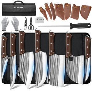 mdhand 14pcs professional butcher knife set with bag, hand forged high carbon steel meat cleaver knife set, serbian chef knife viking boning with sheaths for kitchen outdoor bbq camping