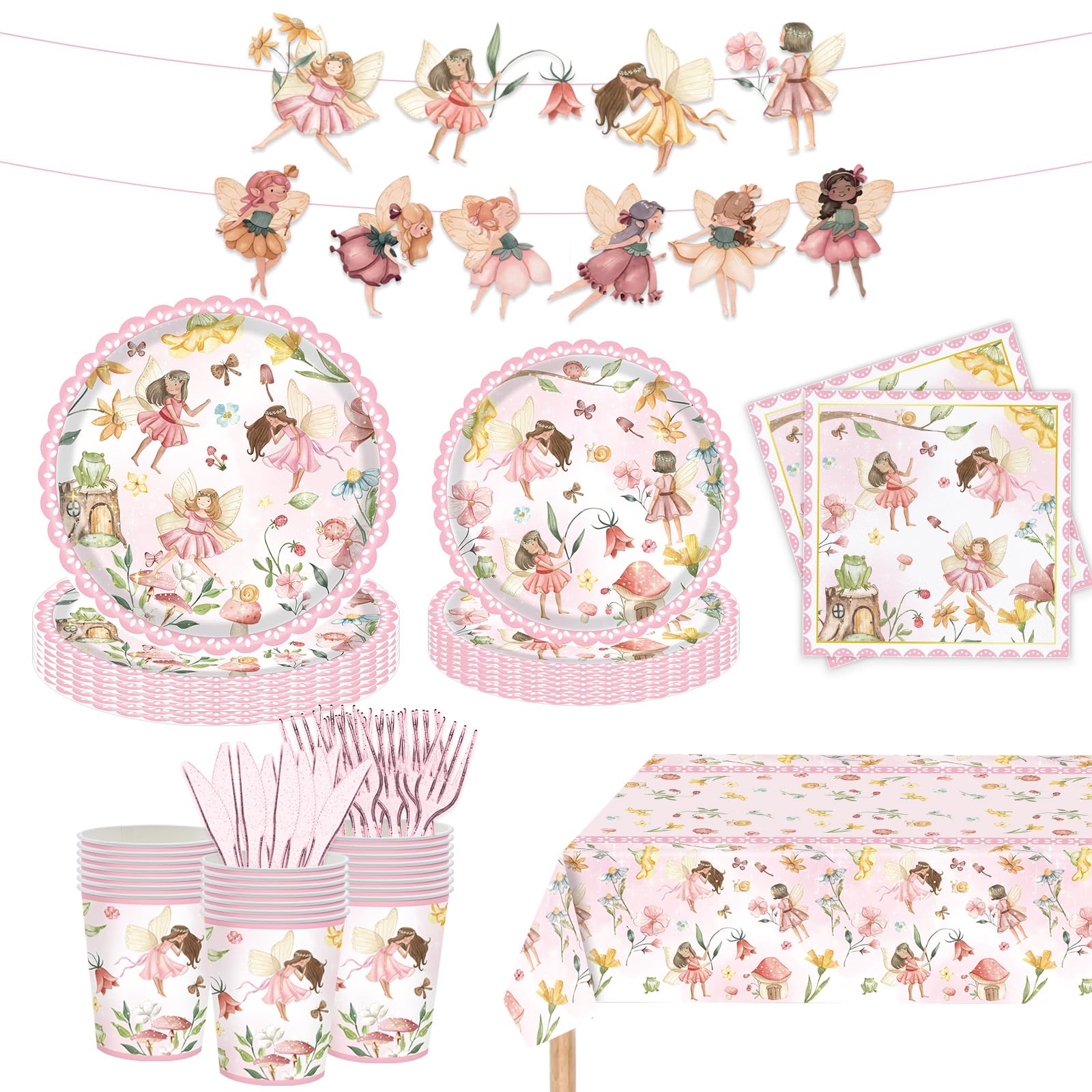 122PCS Fairy Party Supplies for Girls 1st 2rd First Birthday Fairies Enchanted Themed Baby Shower Party Decorations Garden flower Tableware Disposable Paper Plates Napkins Forks Knife for 20 Guests