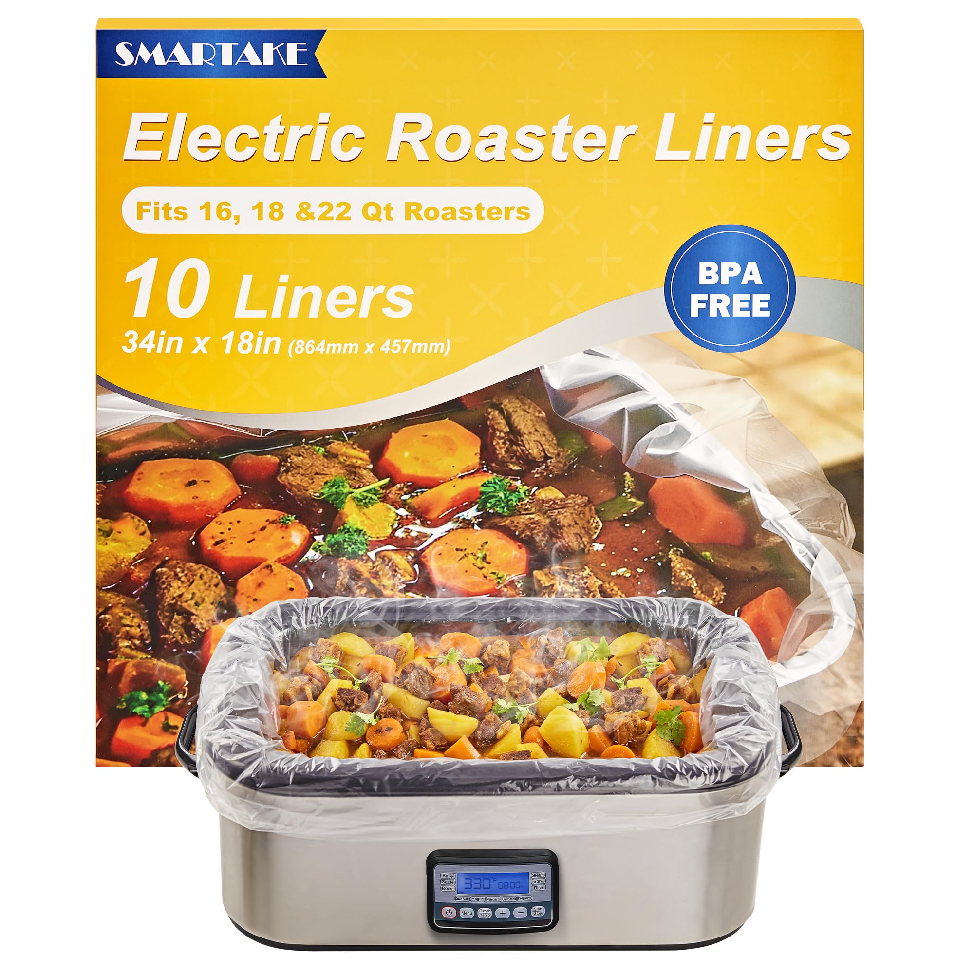 SMARTAKE Electric Roaster Liners, 10 Count Disposable Roaster Liners, Fits 16, 18, 22 Quart Roasters, Roaster Pan Oven Liners Plastic Cooking Bags for Instant Cleanup, 18 x 34 Inch