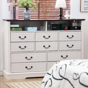 EnHomee 10 Drawers Dresser for Bedroom 55.2''Wide Wood Dresser White Dresser with LED & Power Outlet Large Dressers & Chests of Drawers for Closet,Hallway, 55.2" W x 39.4" H x15.8 D