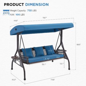 RYNSTO 3-Person Wicker Porch Swing with Adjustable Canopy, Outdoor Patio Swing with Stand, Cup Holder, Cushions, Pillow for Garden, Deck, Lawn, Back Yard (Blue)