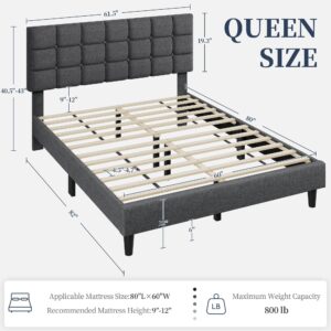 Yaheetech Upholstered Bed Frame, Modern Queen Bed Platform with Square Stitched&Button Tufting Headboard Height Adjustable, Wooden Slats Support, No Box Spring Needed, Queen Size, Dark Grey