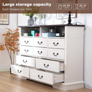 EnHomee 10 Drawers Dresser for Bedroom 55.2''Wide Wood Dresser White Dresser with LED & Power Outlet Large Dressers & Chests of Drawers for Closet,Hallway, 55.2" W x 39.4" H x15.8 D