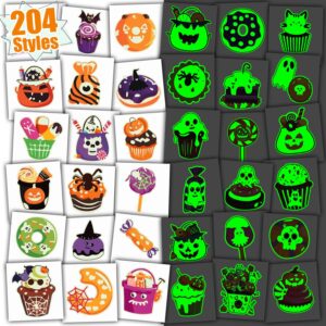 partywind 204 styles glow halloween candy temporary tattoos for kids, luminous sugar tattoo stickers for party decorations supplies, non-candy halloween treats for kids trick or treat party