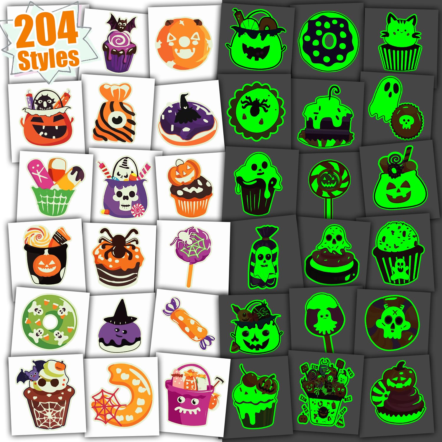 Partywind 204 Styles Glow Halloween Candy Temporary Tattoos for Kids, Luminous Sugar Tattoo Stickers for Party Decorations Supplies, Non-Candy Halloween Treats for Kids Trick or Treat Party