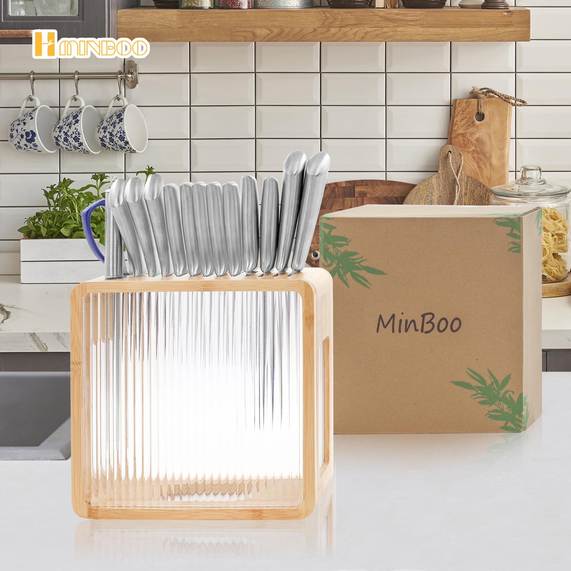 MinBoo Universal Knife Holder Bamboo Knife Storage Stand Knife Block Storage Stand Kitchen Counter Knife Block Holder without Knives Detachable Easy Cleaning