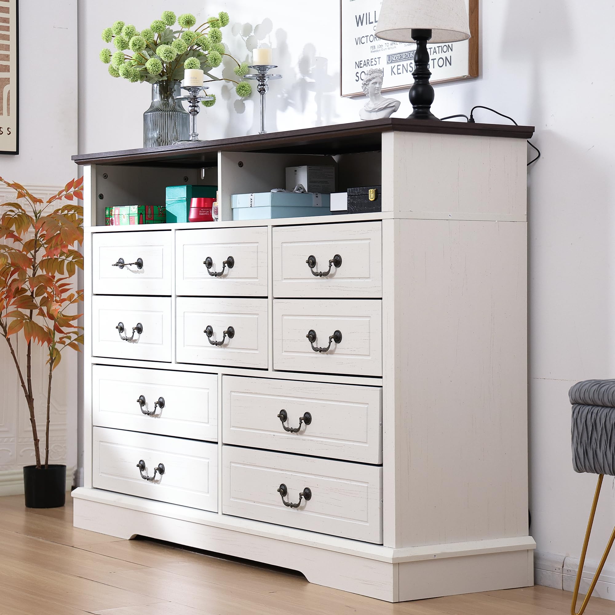 EnHomee 10 Drawers Dresser for Bedroom 55.2''Wide Wood Dresser White Dresser with LED & Power Outlet Large Dressers & Chests of Drawers for Closet,Hallway, 55.2" W x 39.4" H x15.8 D