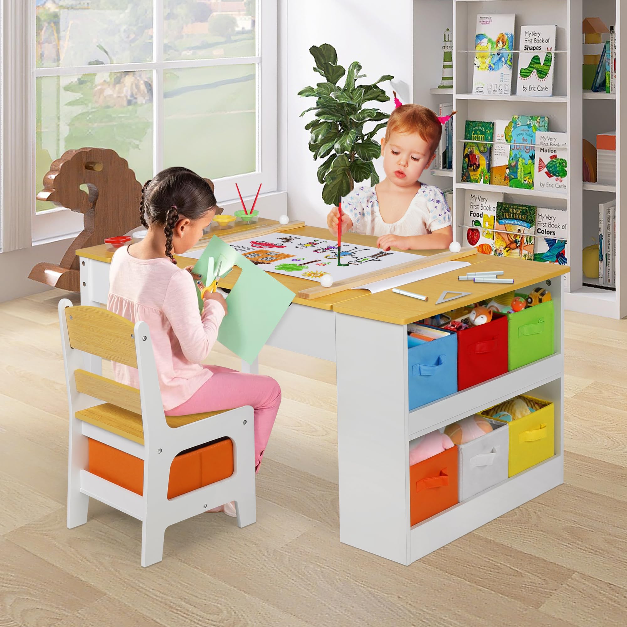 TODEFULL Kids Art Table and Chairs Set, 2 in 1 Kids Art Table, Wooden Activity Table with 2 Chairs, 8 Storage Canvas Bins, 6 Paint Cups and Paper Roll, Large Storage Desk for Writing Drawing, Natural