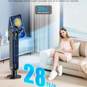 Azonanor Tower Fan for Bedroom, 90° Oscillating Standing Bladeless Fan with Remote, 12H Timer, 3 Speeds Max 28ft/s, 3 Modes, LED Display Floor Fans Works with Tuya/Smart Lift