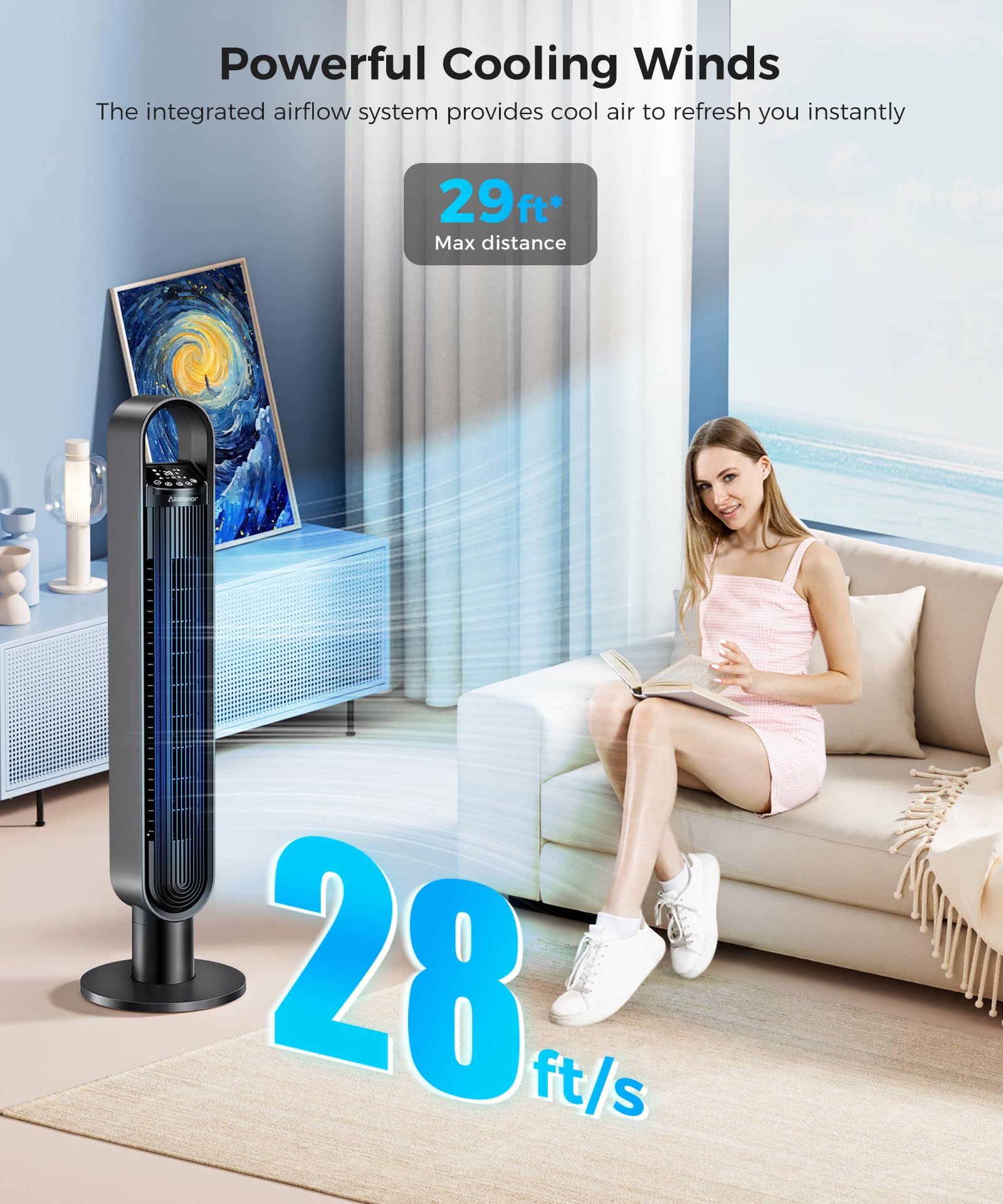 Azonanor Tower Fan for Bedroom, 90° Oscillating Standing Bladeless Fan with Remote, 12H Timer, 3 Speeds Max 28ft/s, 3 Modes, LED Display Floor Fans Works with Tuya/Smart Lift