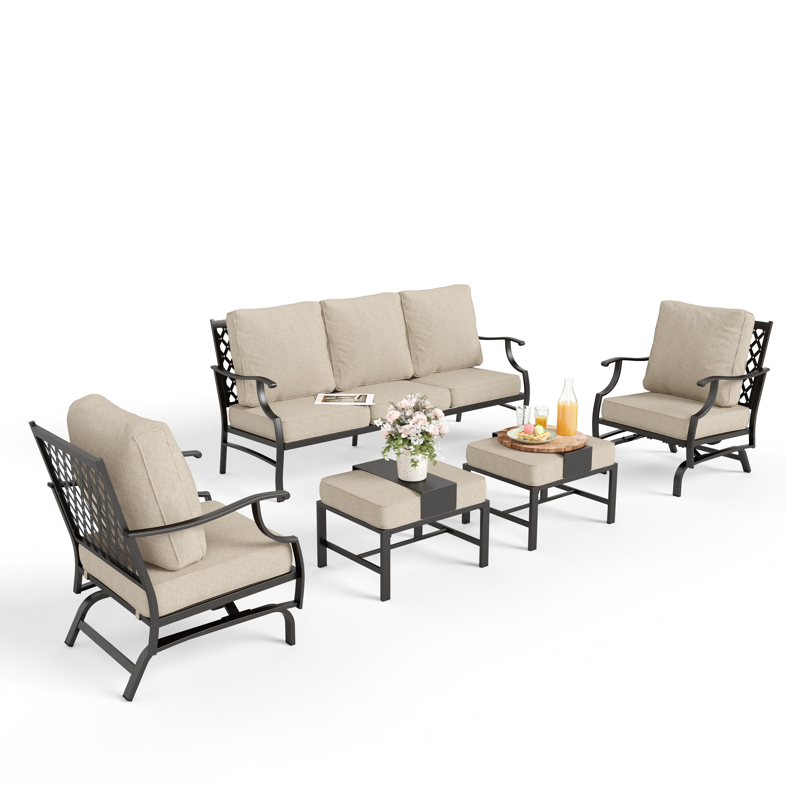 MIXPATIO Patio Furniture Set 5 pcs, Outdoor Patio Furniture Set, 3-Seat Sofa, 2 Rocking Chairs, 2 Ottomans and 5.75" Extra Thick Cushion, Patio Conversation Set for Backyard Deck,Beige