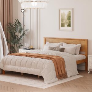 merax wood platform bed with headboard, platform bed with wood slat support, no box spring needed,queen size,oak color