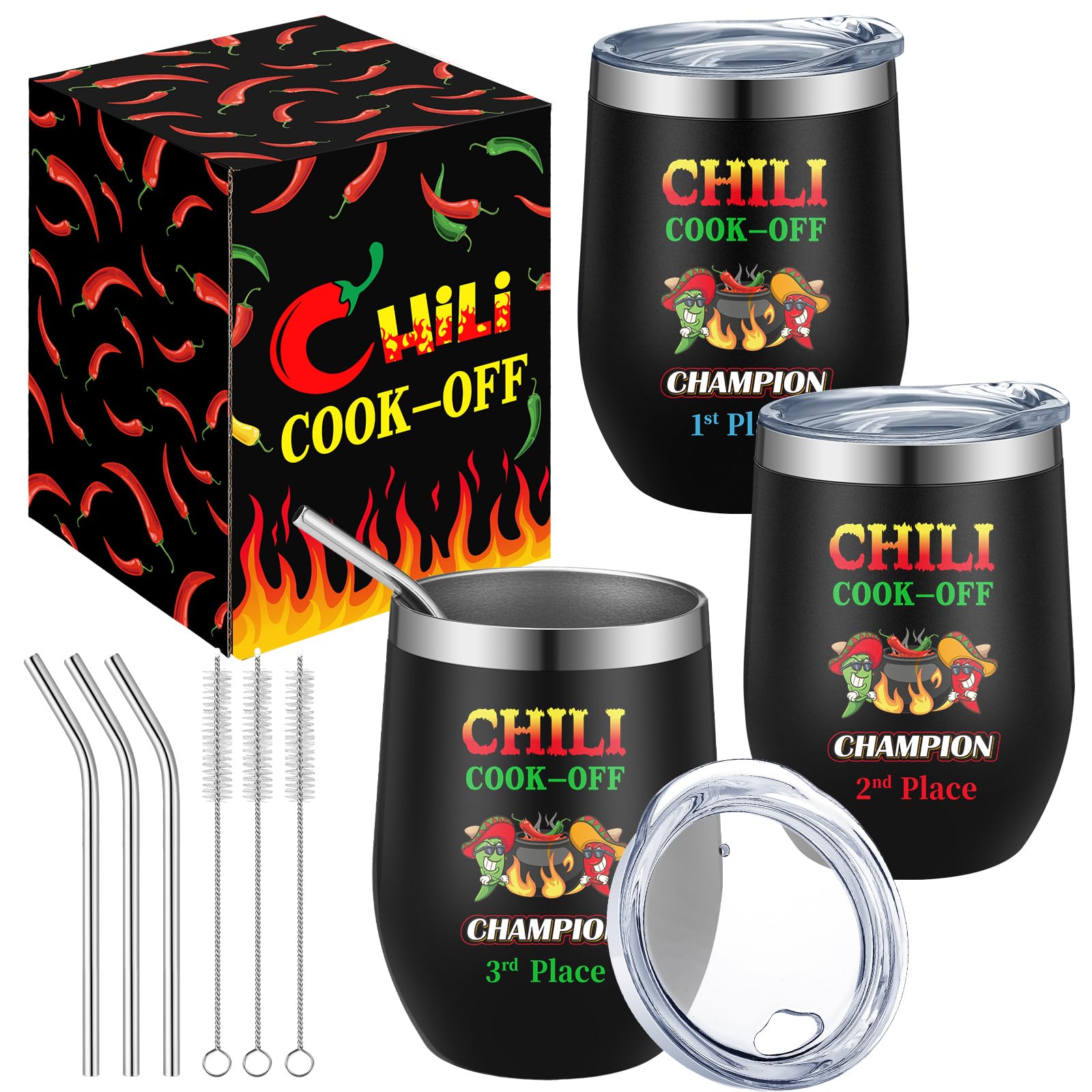 Didaey 3 Pcs Chili Cook off Prizes 1st 2nd 3rd Place Trophies Cups 12 oz Stainless Steel Insulated Tumbler with Lids Straws Brush and Gift Boxes for Chili Cook Off Events Christmas Cook Lovers Gift