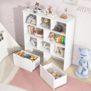 Toy Storage Organizer with Bookshelf, Large Toy Organizers and Storage 2 Movable Drawers with Hidden Wheels and 8 Storage Cubbies, Kids Bookshelf and Toy Storage Chest, Playroom Furniture, White