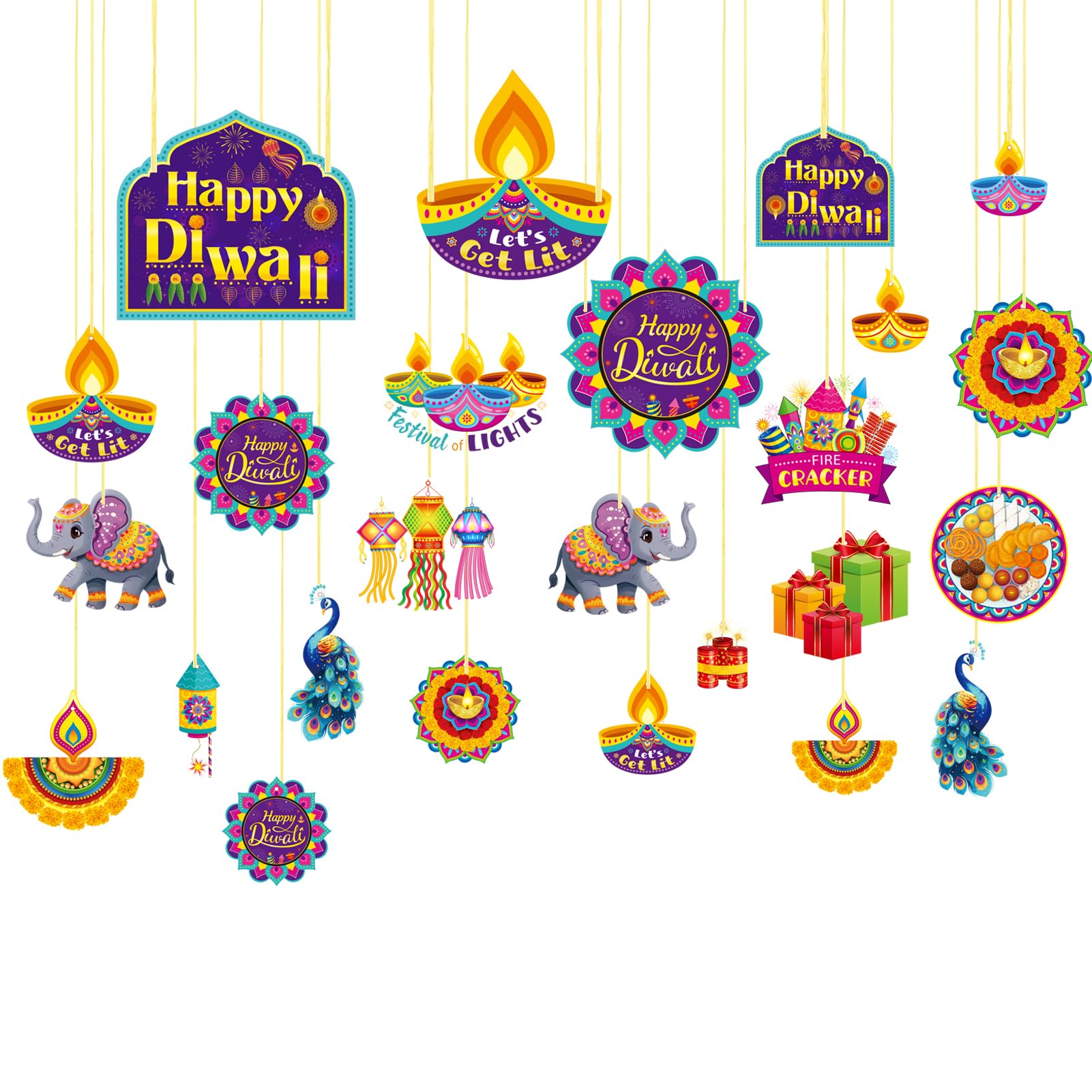 25 Pcs Diwali Hanging Decorations - Diwali Cutout Decor Diwali Sign Diwali Happy Decorations Indian Peacock Hanging Sign Deepawali Sign Diwali Decorations Home Wall Plaque Holiday Festival of Lights