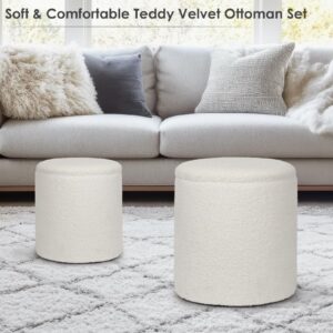 OGEMXU 2 Set Round Ottoman with Storage, Boucle Teddy Ottoman Vanity Stool, Storage Ottoman for Bedroom Living Room, Modern Multifunctional Foot Rest Stool for Bedroom, Living Room, Dorm (White)