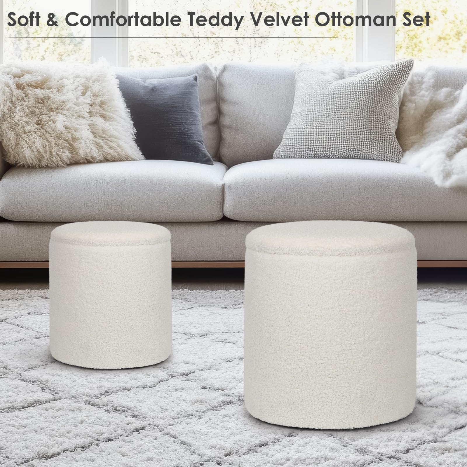 OGEMXU 2 Set Round Ottoman with Storage, Boucle Teddy Ottoman Vanity Stool, Storage Ottoman for Bedroom Living Room, Modern Multifunctional Foot Rest Stool for Bedroom, Living Room, Dorm (White)