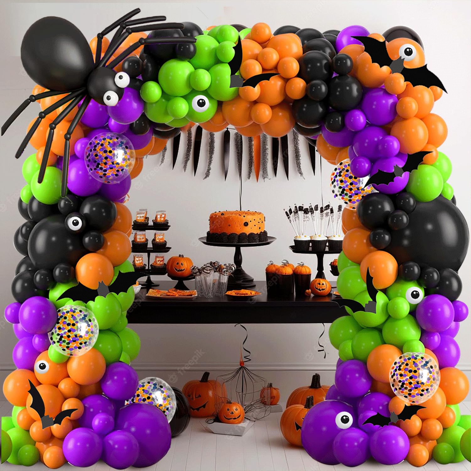 Halloween Balloons Garland Arch Kit, Black Orange Purple Green Confetti Latex Balloons for Kids Halloween Birthday Halloween Theme Party Decorations...