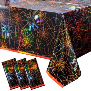 3 pack iridescent halloween spider web tablecloth party decorations, plastic spider table cloth, disposable halloween table decor backdrop banner for haunted house halloween party supplies, 54x108inch