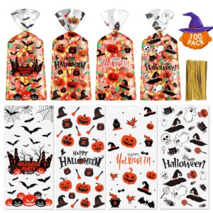 100 pcs halloween treat bags - happy halloween goodie bag, plastic halloween pumpkin cellophane bags bulk, clear gift goody candy bags with twist ties for halloween party supplies favors decorations