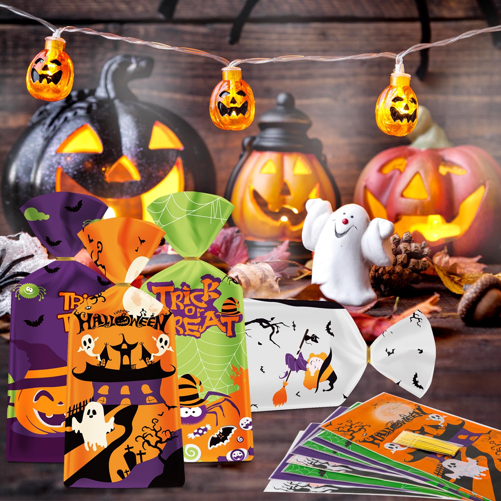 50 Pack Halloween Treat Bags - Plastic Halloween Goodie Bags, Happy Halloween Candy Bag, Trick or Treat Snack Gift Cellophane Bags with Twist Ties for Kids Halloween Party Birthday Supplies Favors