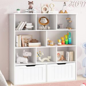 toy storage organizer with bookshelf, large toy organizers and storage 2 movable drawers with hidden wheels and 8 storage cubbies, kids bookshelf and toy storage chest, playroom furniture, white