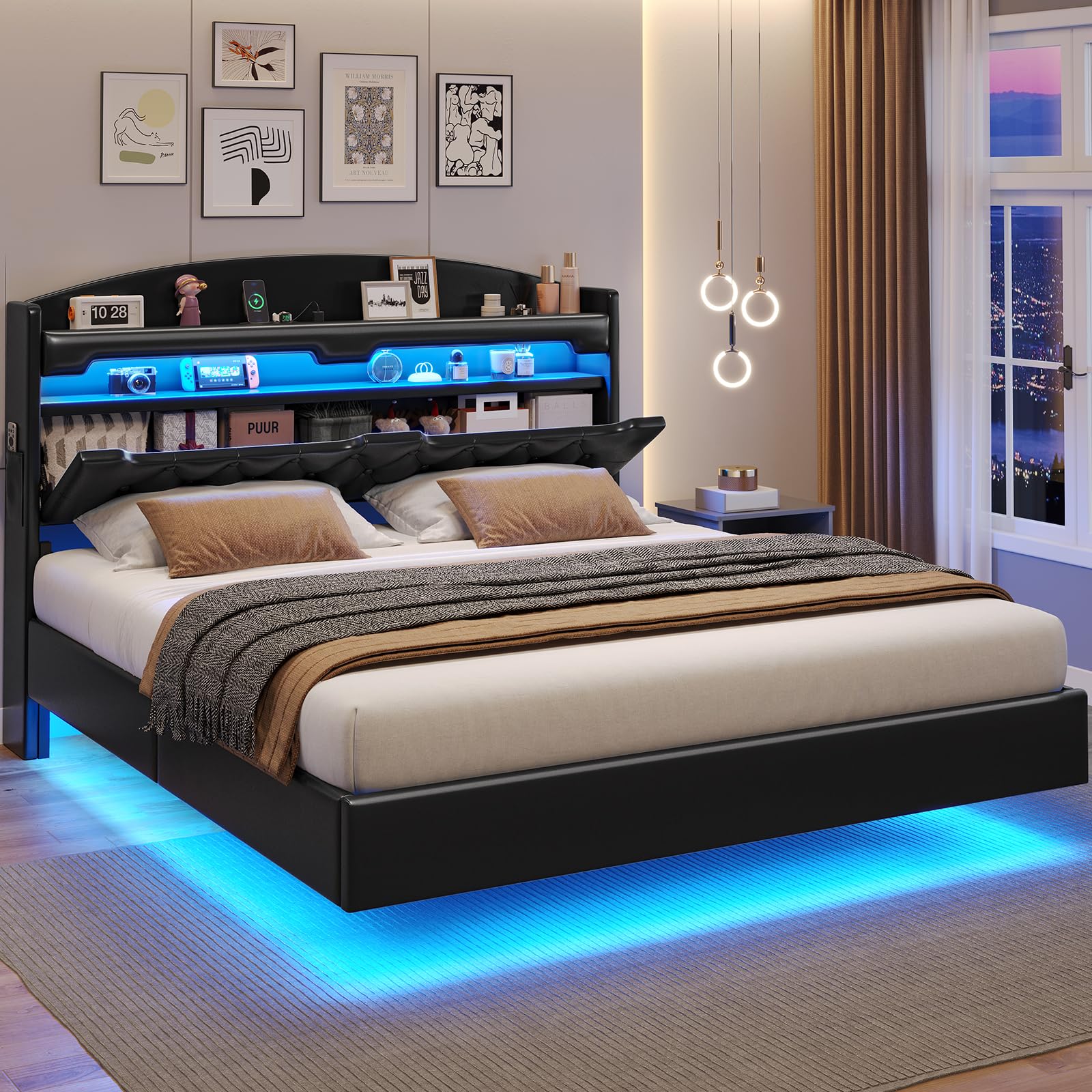 BTHFST Floating Bed Frame Queen Size with Charging Station & Hidden Storage Headboard, RGB Floating Platform Bed, No Box Spring Needed, PU Black