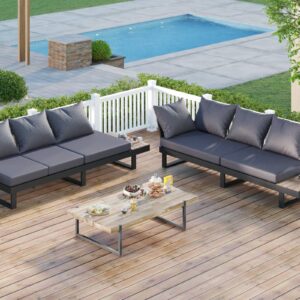 PaPaJet Aluminum Patio Conversation Set with Adjustable Backrest, 6 Piece Modern Outdoor Furniture Set with Wood Side Table for Backyard Poolside Porch, Gray