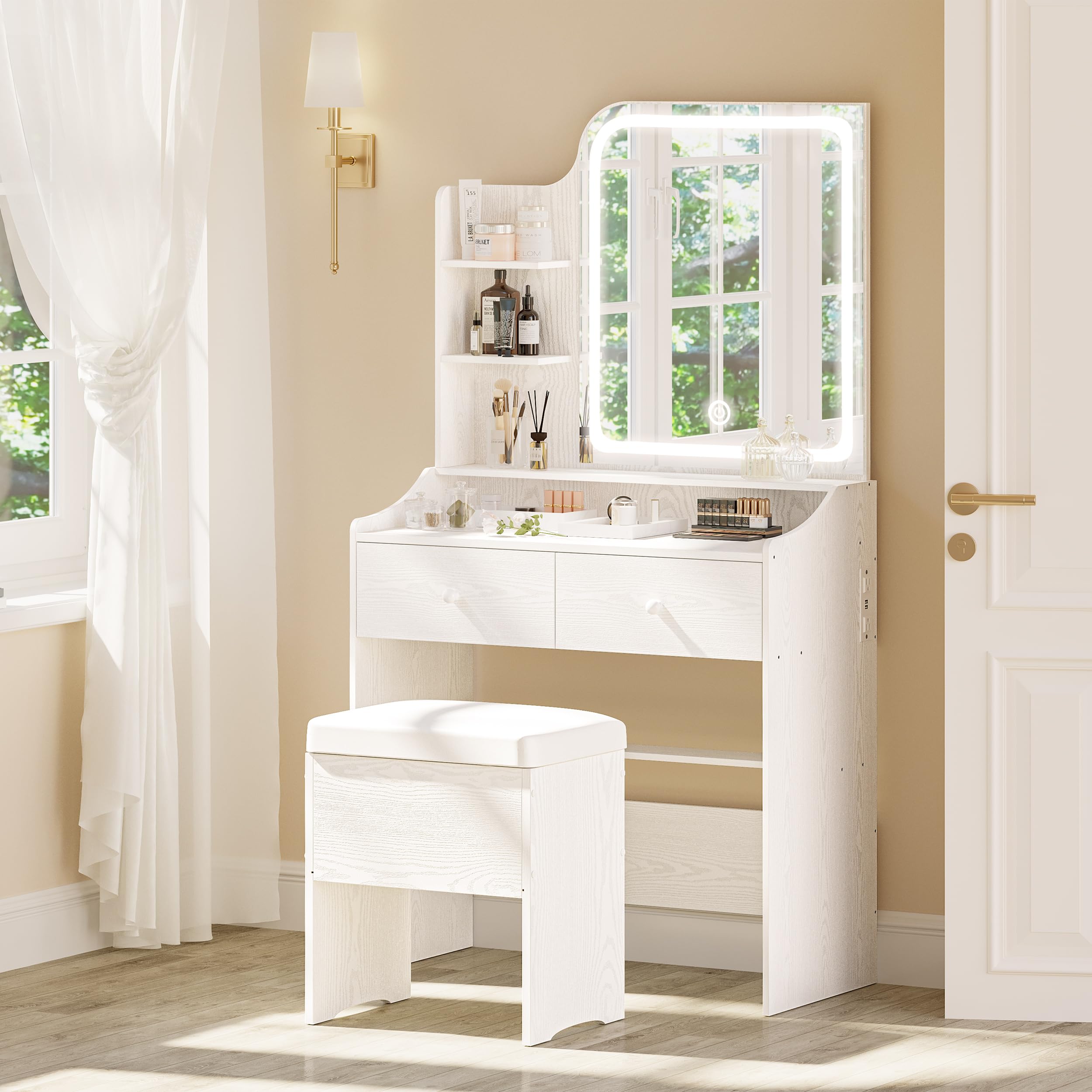 LIKIMIO Makeup Vanity Desk with Mirror and Lights, Vanity Table Set with Storage Drawer, Chair and Three Shelves, White