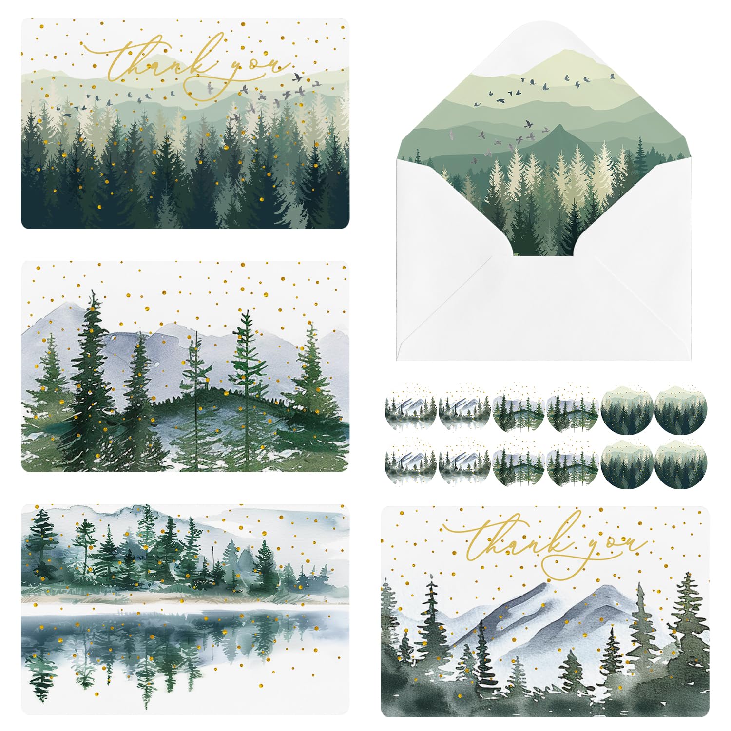 Artoid Mode 36 Pack Mountain Tree Forest Thank You Cards Golden Polka Dot Greeting Cards Gift With Envelope Sticker Blank Note Cards for Birthday Wedding Baby Shower Bridal Shower, 4 x 6 Inch