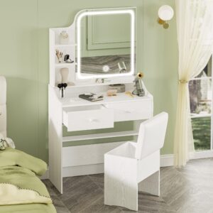 LIKIMIO Makeup Vanity Desk with Mirror and Lights, Vanity Table Set with Storage Drawer, Chair and Three Shelves, White