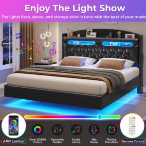 BTHFST Floating Bed Frame Queen Size with Charging Station & Hidden Storage Headboard, RGB Floating Platform Bed, No Box Spring Needed, PU Black