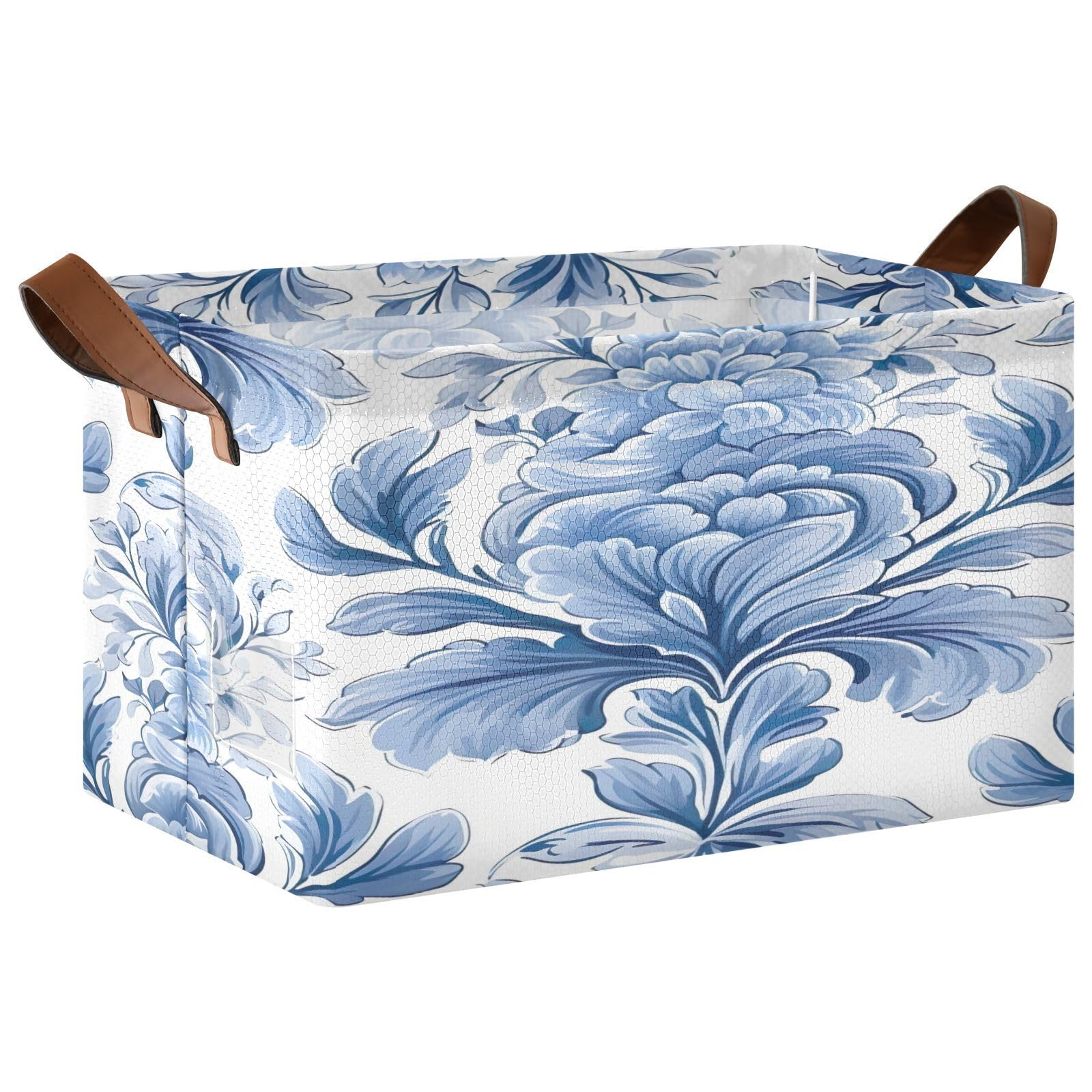 ATTX Blue Floral Pattern Storage Baskets,Large Decorative Collapsible Rectangular Waterproof Fabric Storage Bin for Home Office(16.9x11.4x10inch,1 Pack) #830