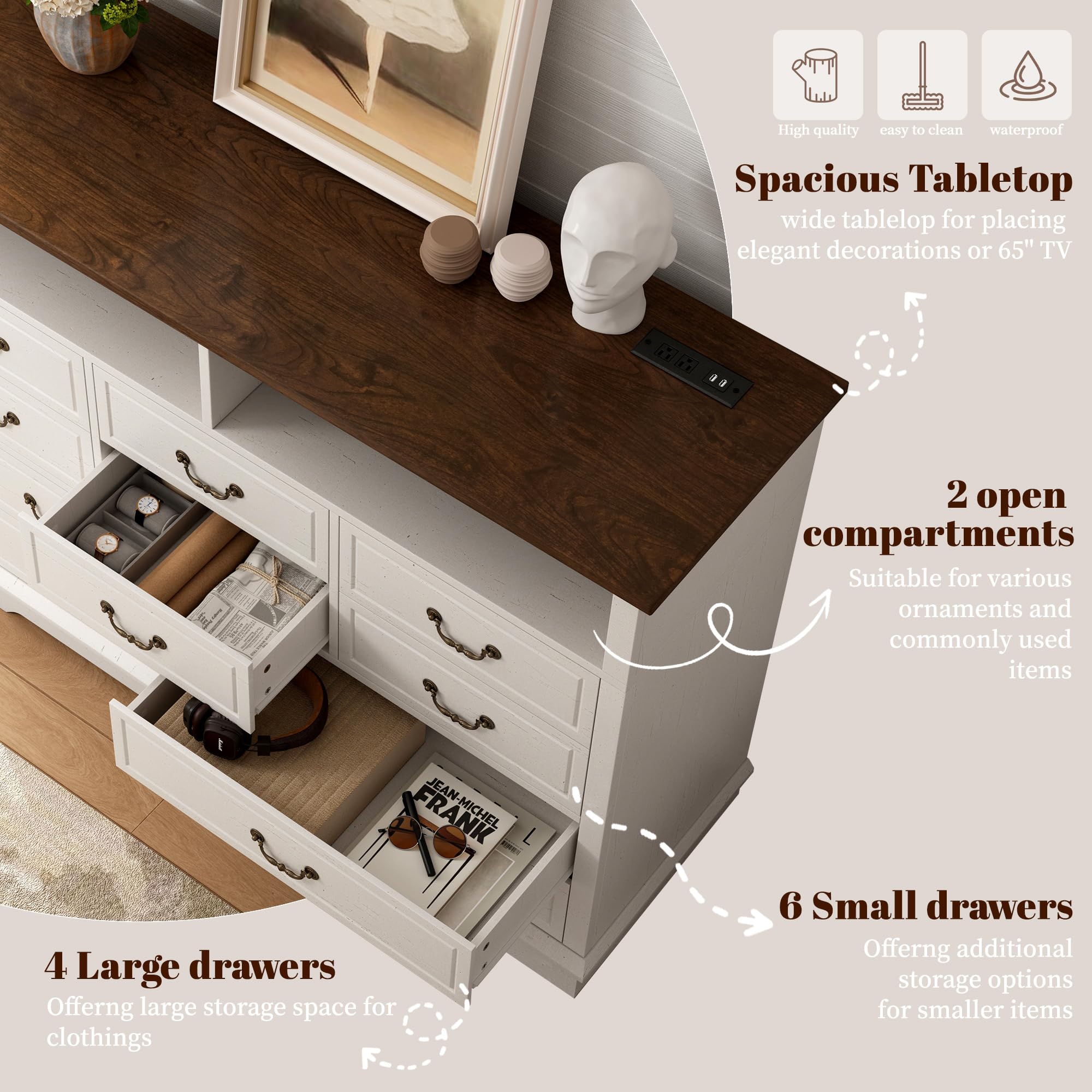 EnHomee 10 Drawers Dresser for Bedroom 55.2''Wide Wood Dresser White Dresser with LED & Power Outlet Large Dressers & Chests of Drawers for Closet,Hallway, 55.2" W x 39.4" H x15.8 D