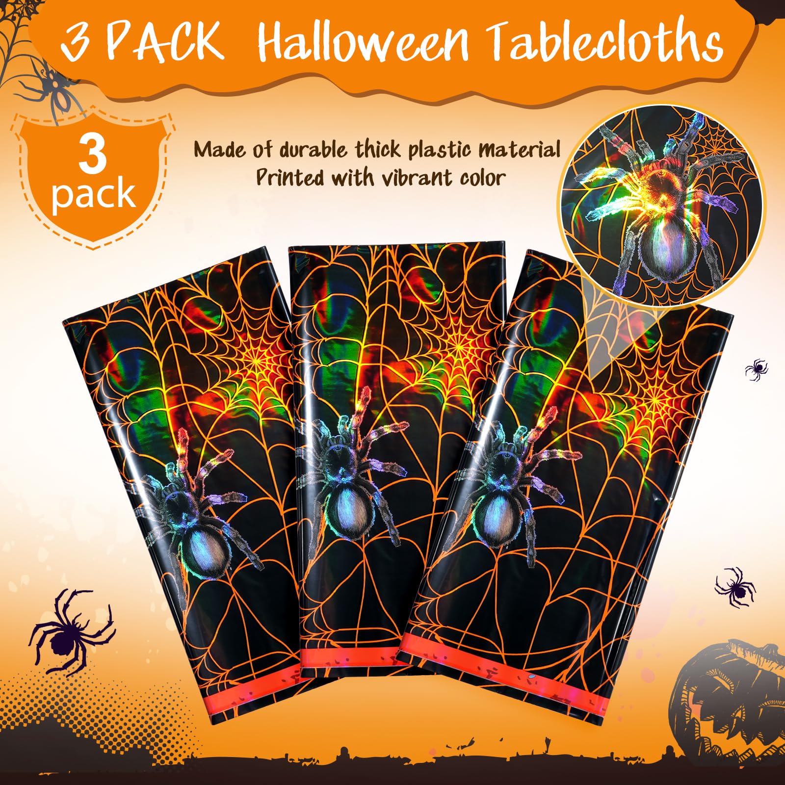 3 Pack Iridescent Halloween Spider Web Tablecloth Party Decorations, Plastic Spider Table Cloth, Disposable Halloween Table Decor Backdrop Banner for Haunted House Halloween Party Supplies, 54x108Inch