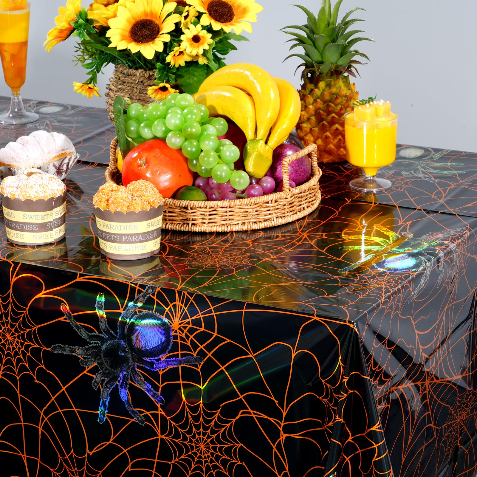 3 Pack Iridescent Halloween Spider Web Tablecloth Party Decorations, Plastic Spider Table Cloth, Disposable Halloween Table Decor Backdrop Banner for Haunted House Halloween Party Supplies, 54x108Inch