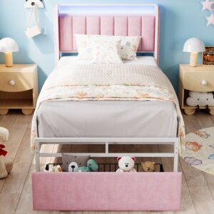 likimio twin size bed frame with armrests headboard & rgb light, upholstered twin size bed platform with drawers, no box spring needed, study & no noise, modern pink