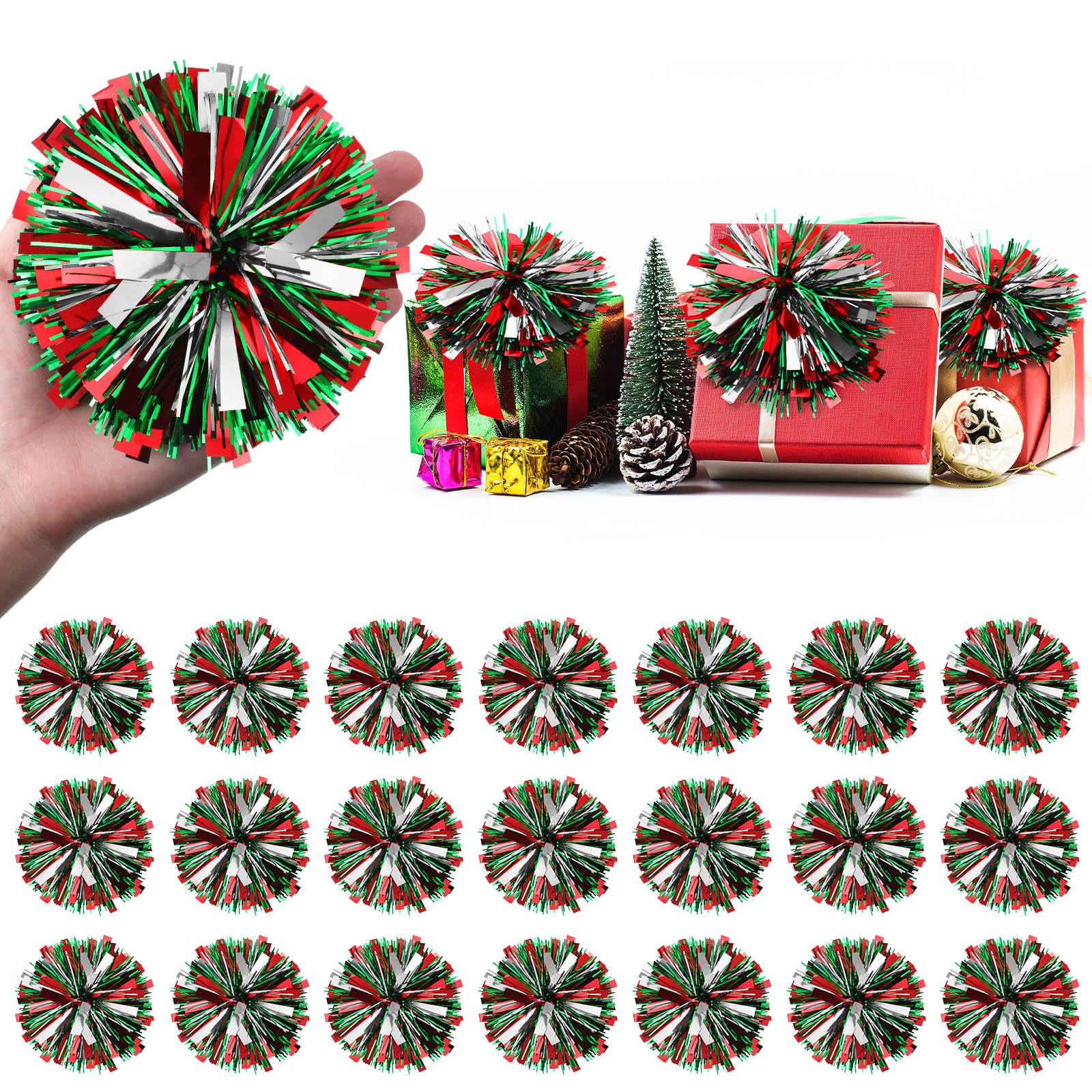 Daifunli 24 Pcs Christmas Tinsel Bows for Gift Wrapping 4 Inch Self Adhesive Christmas Gift Bows Toppers for Xmas Birthday Party Presents Decorations Holiday Gift Accessory(Red, Green, Silver)