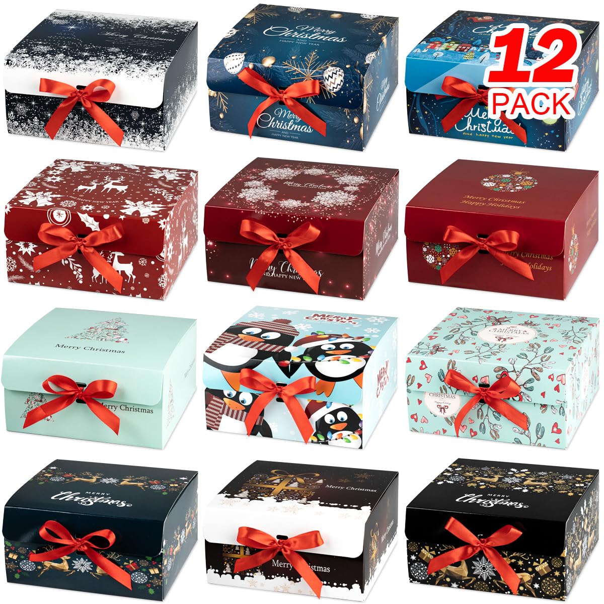 ARTLYMERS Christmas Gift Boxes with Lids, 12 Pack Gift Boxes and Red Ribbon Christmas Themed Pattern Small Gift Boxes for Christmas Presents Gifts Easy Assemble