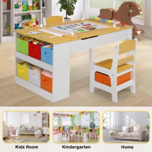 TODEFULL Kids Art Table and Chairs Set, 2 in 1 Kids Art Table, Wooden Activity Table with 2 Chairs, 8 Storage Canvas Bins, 6 Paint Cups and Paper Roll, Large Storage Desk for Writing Drawing, Natural