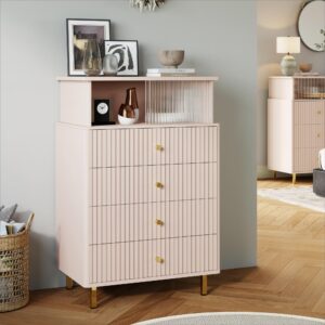 ChooChoo Dresser for Bedroom with Large Capacity, 4 Drawer Dresser with LED and Acrylic, Modern White and Gold Dresser Tall, Chest of Drawers with Storage Space for Hallway, Entryway (Pink)