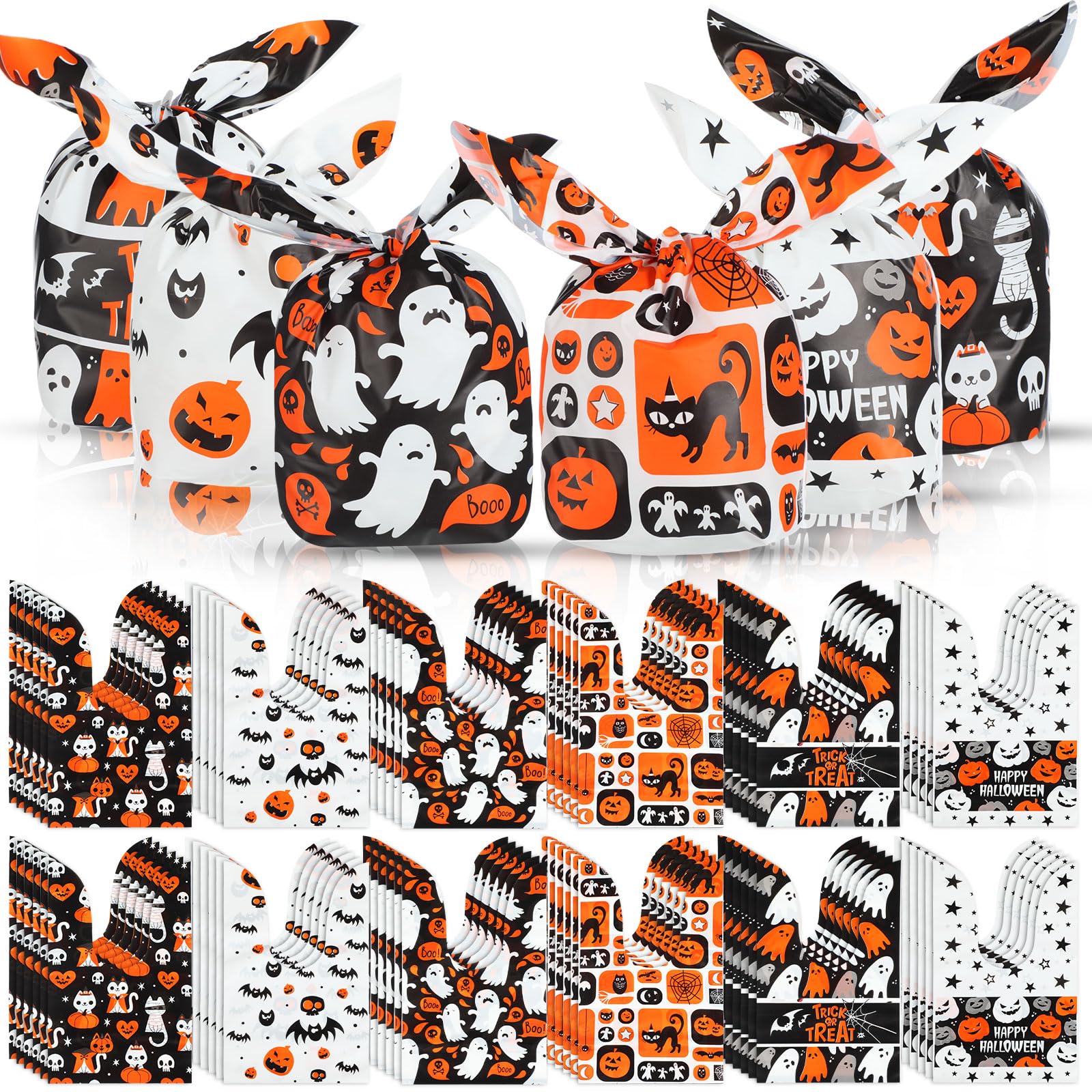 Watersay 300 Pcs Halloween Christmas Treat Bags, 6 Style Small Christmas Halloween Bags Candy Bags Cute Rabbit Ear Halloween Christmas Goodie Cookie Bags for Party Gift(Orange,Pumpkin)