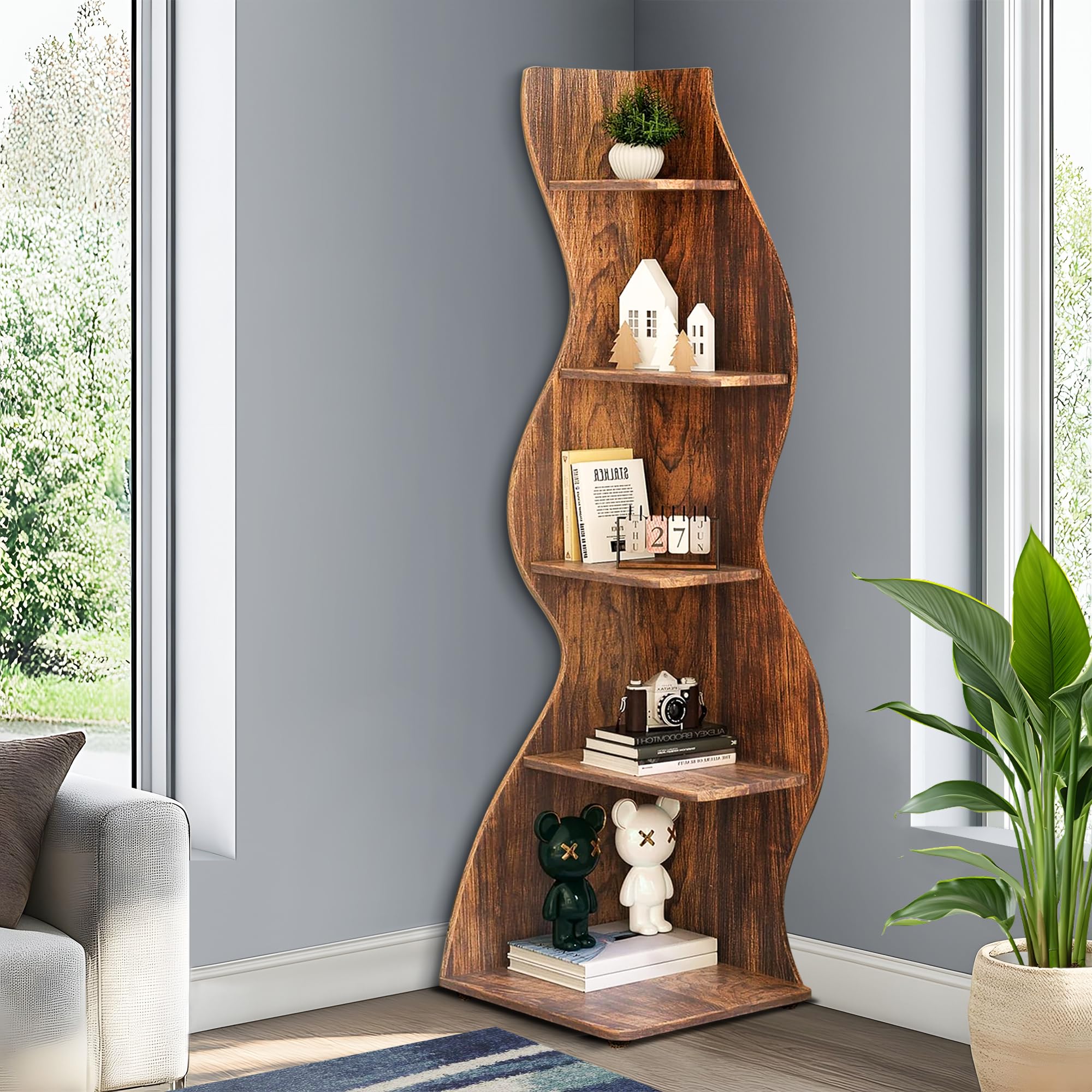 NicBex 5-Tier Corner Shelf,69.88IN Tall Corner Storage Cabinet,Rustic Display Rack Multipurpose Bookshelf,Narrow Corner Bookcase for Wall Corner,Home Office,Living Room, Bedroom,Rustic Brown