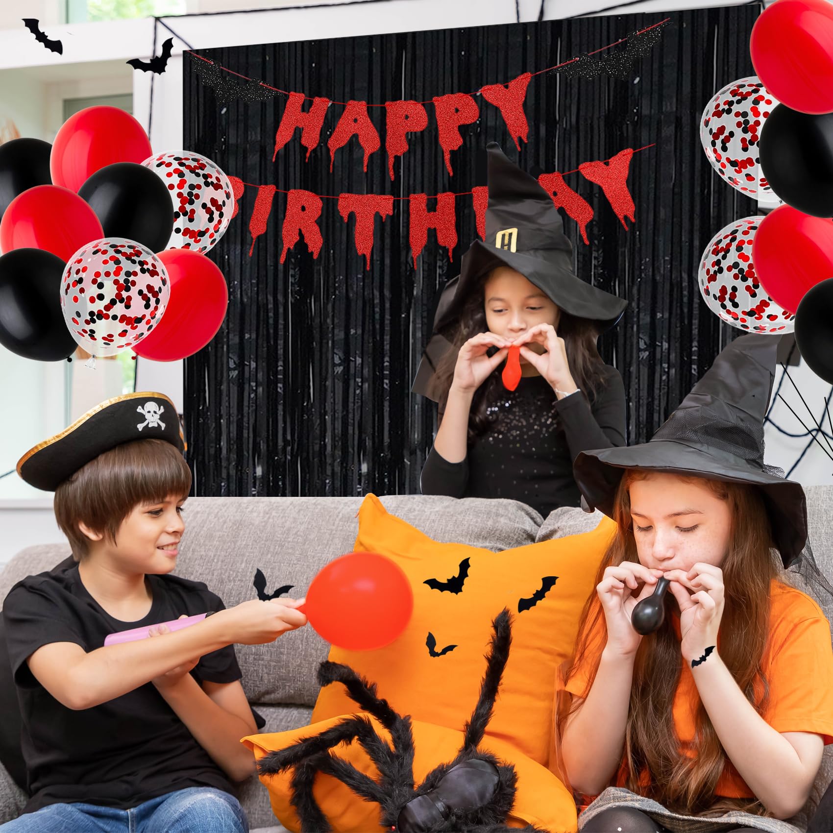 Red Black Happy Birthday Glittery Halloween Banner Black Foil Curtains Backdrop 3D Bat Sticker Latex Balloons Confetti Balloon for Birthday Party Decoration Halloween Party Supplies